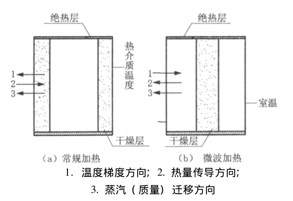 圖1 常規(guī)加熱與微波加熱機(jī)理以及熱量和質(zhì)量遷移方向模型示意圖